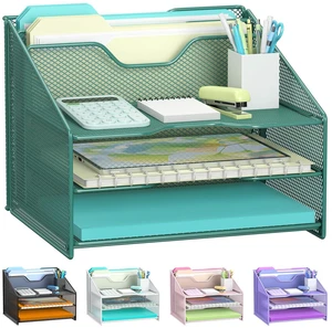 Green Desk File Organizer, Mesh Letter File Folder Holder with 3 Paper Trays and 2 Vertical Upright Section, for Office Supplies, Desk Accessories & Workspace, Green Green Desk File Organizer, Mesh Letter File Folder Holder with 3 Paper Trays and 2 Vertical Upright Section, for Office Supplies, Desk Accessories & Workspace, Green