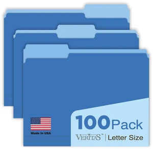 Blue Folders File Folders 100-Pack Letter Size 8.5" x 11" Blue Colored Folder with 1/3-Cut Tabs Durable Pressboard Folders for Office, School, Home, Business Filing Supplies, Made in USA Blue Folders File Folders 100-Pack Letter Size 8.5" x 11" Blue Colored Folder with 1/3-Cut Tabs Durable Pressboard Folders for Office, School, Home, Business Filing Supplies, Made in USA