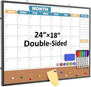 Monthly Calendar Dry Erase Board 24x18 Inch, Double-Sided Whiteboard and Corkboard Combo with Black Aluminum Frame (Color Calendar), Wall Mounted Planner with Marker, Magnet, Push Pin, Eraser Monthly Calendar Dry Erase Board 24x18 Inch, Double-Sided Whiteboard and Corkboard Combo with Black Aluminum Frame (Color Calendar), Wall Mounted Planner with Marker, Magnet, Push Pin, Eraser
