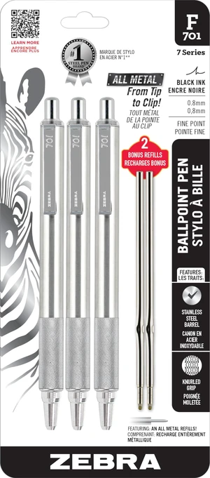 STEEL F-701 Retractable Ballpoint Pen, Black Ink, 0.8mm, 3-Pack Built for Tactical / EDC Use, Stainless Steel, Knurled Grip, Heavy-Duty Construction, Fine Point Tip, Plus Refills (29412) STEEL F-701 Retractable Ballpoint Pen, Black Ink, 0.8mm, 3-Pack Built for Tactical / EDC Use, Stainless Steel, Knurled Grip, Heavy-Duty Construction, Fine Point Tip, Plus Refills (29412)