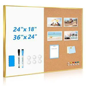 Magnetic Dry Erase White Board & Cork Board Combo, 36"x24", Wall Mounted Gold Aluminum Frame, Dry Erase Board and Cork Bulletin Board, Vision Board, for Home Office, School, Kitchen Magnetic Dry Erase White Board & Cork Board Combo, 36"x24", Wall Mounted Gold Aluminum Frame, Dry Erase Board and Cork Bulletin Board, Vision Board, for Home Office, School, Kitchen
