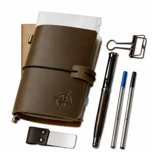 Pocket Size Travelers Notebook Bundle 4" x 5.1" (10 x 13cm) Genuine Leather Journal with Pen Holder, Pen, 2 Ink Refills, PVC Folder & Binder Clip Pocket Size Travelers Notebook Bundle 4" x 5.1" (10 x 13cm) Genuine Leather Journal with Pen Holder, Pen, 2 Ink Refills, PVC Folder & Binder Clip