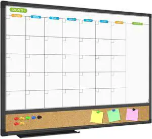 Magnetic Dry Erase Calendar Whiteboard, 24" x 18" Monthly Board White Board Cork Board Combo, Black Aluminum Frame Wall Mounted Board for Office Home and School with 10 Push Pins Magnetic Dry Erase Calendar Whiteboard, 24" x 18" Monthly Board White Board Cork Board Combo, Black Aluminum Frame Wall Mounted Board for Office Home and School with 10 Push Pins