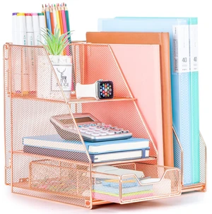 Rose Gold Desk Accessories, Office Supplies Desk Organizer Caddy with Sliding Drawer, Double Tray, File Organizer and pen holder for Home, Office School Rose Gold Desk Accessories, Office Supplies Desk Organizer Caddy with Sliding Drawer, Double Tray, File Organizer and pen holder for Home, Office School