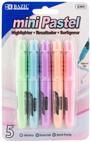 Mini Pastel Highlighters, Chisel Tip, 5 Count, 24-Box Quick-dry, Assorted pastel mini highlighters, Compact, Cap clip, Non-toxic ink, Odorless, Bulk pack Mini Pastel Highlighters, Chisel Tip, 5 Count, 24-Box Quick-dry, Assorted pastel mini highlighters, Compact, Cap clip, Non-toxic ink, Odorless, Bulk pack