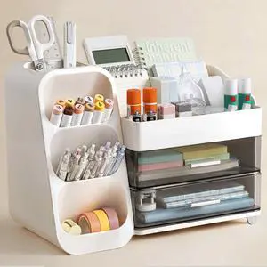 Desk Organizer with Pen Pencil Holder for Desk, Pen Organizer with 2 Drawers, Desk Organizers and Accessories with 4 Compartments, Desktop Storage for Office Home School Art Supplies, White Desk Organizer with Pen Pencil Holder for Desk, Pen Organizer with 2 Drawers, Desk Organizers and Accessories with 4 Compartments, Desktop Storage for Office Home School Art Supplies, White