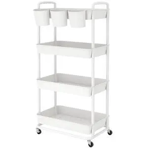 4-Tier Plastic Rolling Storage Cart Utility Cart White Utility Cart with Extra Hanging Cups Arc-Shaped Handles Lockable Wheels for Living Room Bathroom Kitchen Office 4-Tier Plastic Rolling Storage Cart Utility Cart White Utility Cart with Extra Hanging Cups Arc-Shaped Handles Lockable Wheels for Living Room Bathroom Kitchen Office