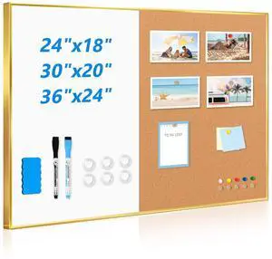 White Board Cork Board Combo, 30"x20" Magnetic Dry Erase Corkboard, Gold Aluminum Frame, Wall Mounted, Bulletin Board, Vision Board, for Home Office School Kitchen White Board Cork Board Combo, 30"x20" Magnetic Dry Erase Corkboard, Gold Aluminum Frame, Wall Mounted, Bulletin Board, Vision Board, for Home Office School Kitchen