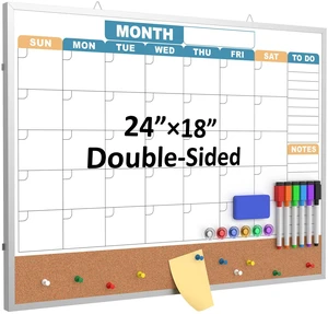 Monthly Calendar Dry Erase Board 24x18 Inch, Double-Sided Whiteboard and Corkboard Combo with Silver Aluminum Frame (Color Calendar), Wall Mounted Planner with Marker, Magnet, Push Pin, Eraser Monthly Calendar Dry Erase Board 24x18 Inch, Double-Sided Whiteboard and Corkboard Combo with Silver Aluminum Frame (Color Calendar), Wall Mounted Planner with Marker, Magnet, Push Pin, Eraser