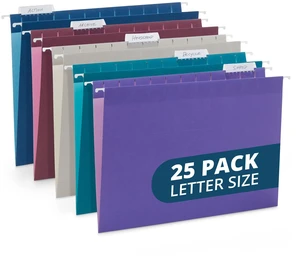 25 Hanging File Folders, Letter Size, Jewel Tones Reinforced 11pt, 1/5 Cut Tabs, Tabs and Inserts Included, Color-Coded Filing for Cabinet, Home, and Office 25 Hanging File Folders, Letter Size, Jewel Tones Reinforced 11pt, 1/5 Cut Tabs, Tabs and Inserts Included, Color-Coded Filing for Cabinet, Home, and Office
