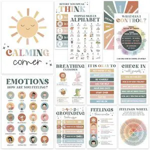 Calming Corner Classroom Posters, 12 Pack 10x14 Boho Feelings Chart Wheel Emotions, Calm Down Corner Supplies for Kids & Therapy Office Decor, Mental Health Wall Decorations Preschool Calming Corner Classroom Posters, 12 Pack 10x14 Boho Feelings Chart Wheel Emotions, Calm Down Corner Supplies for Kids & Therapy Office Decor, Mental Health Wall Decorations Preschool