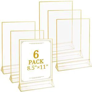 6 Pack 8.5x11 Inch Clear Acrylic Sign Holders, Double-Sided Gold Display Stand Picture Frames for Table Numbers, Menus, Flyers, Weddings, and Offices 6 Pack 8.5x11 Inch Clear Acrylic Sign Holders, Double-Sided Gold Display Stand Picture Frames for Table Numbers, Menus, Flyers, Weddings, and Offices