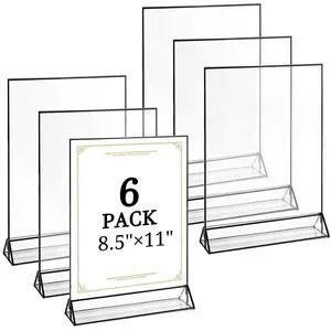 6 Pack 8.5x11 Inch Clear Acrylic Sign Holders, Double-Sided Black Display Stand Picture Frames for Table Numbers, Menus, Flyers, Weddings, and Offices 6 Pack 8.5x11 Inch Clear Acrylic Sign Holders, Double-Sided Black Display Stand Picture Frames for Table Numbers, Menus, Flyers, Weddings, and Offices