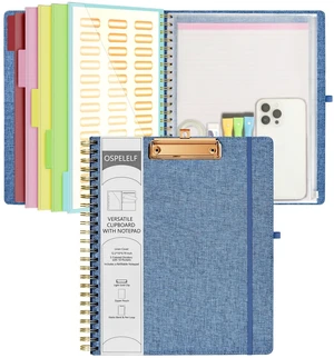 Foldable Spiral Clipboard Folio with Storage Zipper Pouch, 5 Plastic Folders with 10 Pockets, Refillable Lined Notepad (11" x 8.5"), Linen Hardcover Project Organizer(Haze Bule) Foldable Spiral Clipboard Folio with Storage Zipper Pouch, 5 Plastic Folders with 10 Pockets, Refillable Lined Notepad (11" x 8.5"), Linen Hardcover Project Organizer(Haze Bule)