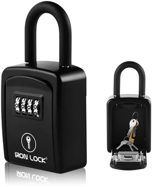 ® Small Portable Key Lock Box with Code, U-Shackle (Small, Black) U-shackle opens fully out to loop over a handle, gate, latch or rail; rolling combination dials, no app, no battery ® Small Portable Key Lock Box with Code, U-Shackle (Small, Black) U-shackle opens fully out to loop over a handle, gate, latch or rail; rolling combination dials, no app, no battery
