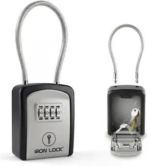 ® Key Lock Box with Code, Portable Cable Shackle (Small, Grey) Holds 2-3 house keys or an access card; 11-in steel cable loops on gate or rail; weather-resistant; no app or battery ® Key Lock Box with Code, Portable Cable Shackle (Small, Grey) Holds 2-3 house keys or an access card; 11-in steel cable loops on gate or rail; weather-resistant; no app or battery