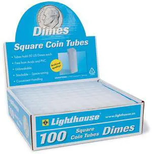 LIGHTHOUSE - Square Coin Tubes - Convenient Push Top, Virtually Unbreakable, Acid Free and Archival Quality - Coin Tubes for US Dimes, 100 Pack LIGHTHOUSE - Square Coin Tubes - Convenient Push Top, Virtually Unbreakable, Acid Free and Archival Quality - Coin Tubes for US Dimes, 100 Pack