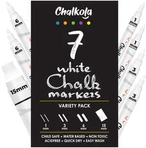 7 White Window Chalk Markers for Car Glass (1mm, 3mm, 6mm, 15mm) Washable Fine Tip, Bold & Jumbo Size - Dry Erase Liquid Chalk Pens Erasable for Blackboard, Chalkboard Signs, Bistro 7 White Window Chalk Markers for Car Glass (1mm, 3mm, 6mm, 15mm) Washable Fine Tip, Bold & Jumbo Size - Dry Erase Liquid Chalk Pens Erasable for Blackboard, Chalkboard Signs, Bistro