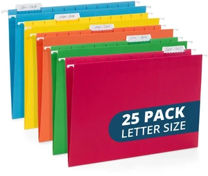 25 Hanging File Folders, Letter Size, Assorted Colors Includes Tabs and Labels; Reinforced Edges for Durable Color-Coded Filing and Organization in Home and Office Cabinets 25 Hanging File Folders, Letter Size, Assorted Colors Includes Tabs and Labels; Reinforced Edges for Durable Color-Coded Filing and Organization in Home and Office Cabinets