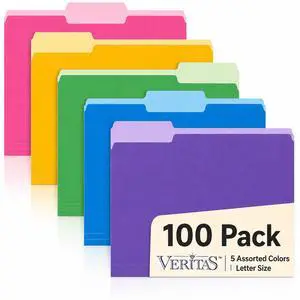 Assorted Colored File Folders 100 Pack, Letter Size 8.5 x 11, 1/3-Cut Tab Color File Folders for Office, School, Home & Business Filing Supplies, Pink Yellow Blue Green Purple Assorted Colored File Folders 100 Pack, Letter Size 8.5 x 11, 1/3-Cut Tab Color File Folders for Office, School, Home & Business Filing Supplies, Pink Yellow Blue Green Purple