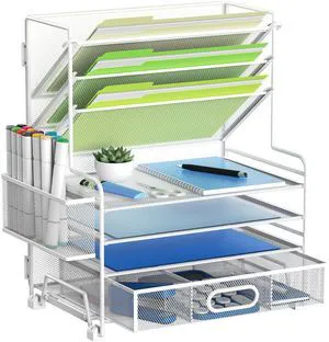4-Tier Paper Organizer + 3-Pocket File Holder + Drawer + Pen Holders, Desktop File Organizers Paper Tray for Office Supplies School Classroom Organization (White, with Drawer & Pen Holder) 4-Tier Paper Organizer + 3-Pocket File Holder + Drawer + Pen Holders, Desktop File Organizers Paper Tray for Office Supplies School Classroom Organization (White, with Drawer & Pen Holder)