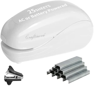 Electric Stapler,Including 2000 Staples and 1 Staple Remover, Suitable for Palm Size and high Comfort25 Sheet Capacity, AC Adapter or Battery PoweredBattery not Included(White) Electric Stapler,Including 2000 Staples and 1 Staple Remover, Suitable for Palm Size and high Comfort25 Sheet Capacity, AC Adapter or Battery PoweredBattery not Included(White)