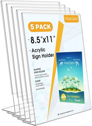 Acrylic Sign Holder, 8.5 x 11 Slant Back Display Stand, 5 Pack Clear Acrylic Material, L-Shape Design for Menus, Flyers and Signs, Easy Paper Insertion, Use In Office, Home, Store Acrylic Sign Holder, 8.5 x 11 Slant Back Display Stand, 5 Pack Clear Acrylic Material, L-Shape Design for Menus, Flyers and Signs, Easy Paper Insertion, Use In Office, Home, Store