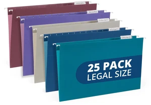 25 Hanging File Folders, Legal Size, Jewel Tones Reinforced 11pt, 1/5 Cut Tabs, Tabs and Inserts Included, Color-Coded Filing for Cabinet, Home, and Office 25 Hanging File Folders, Legal Size, Jewel Tones Reinforced 11pt, 1/5 Cut Tabs, Tabs and Inserts Included, Color-Coded Filing for Cabinet, Home, and Office