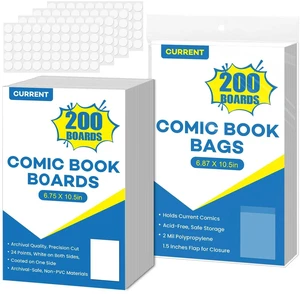 200 Pack Current Comic Book Bags and Boards, 6.87" x 10.5" Clear Comic Book Sleeves, Acid-Free Thick Comic Backing Boards for Collectible Book Storage 200 Pack Current Comic Book Bags and Boards, 6.87" x 10.5" Clear Comic Book Sleeves, Acid-Free Thick Comic Backing Boards for Collectible Book Storage