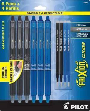 FriXion Clicker Erasable Pens, 0.7mm Fine Point, Black Ink Refillable & Retractable Gel Ink Pens Ideal for School & Office Writing, Pack of 3 Black & 3 Blue Ink Pens with 4 Refills FriXion Clicker Erasable Pens, 0.7mm Fine Point, Black Ink Refillable & Retractable Gel Ink Pens Ideal for School & Office Writing, Pack of 3 Black & 3 Blue Ink Pens with 4 Refills