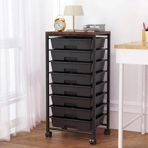 Rolling Cart with 8 Drawers, Storage Drawers Cart with Wooden Tabletop and Lockable Wheels, Craft Storage for Living Room, Office, Classroom, Craft Room, Bedroom (Black) Rolling Cart with 8 Drawers, Storage Drawers Cart with Wooden Tabletop and Lockable Wheels, Craft Storage for Living Room, Office, Classroom, Craft Room, Bedroom (Black)