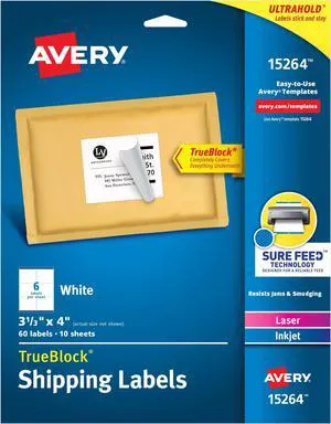 White Shipping Labels | Sure Feed Technology | True Block | 3-1/3" x 4" | 60 Labels, Pack of 5 White Shipping Labels | Sure Feed Technology | True Block | 3-1/3" x 4" | 60 Labels, Pack of 5