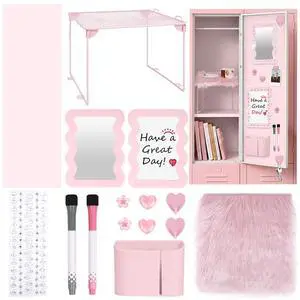 Locker Accessories Kit for Girls - Includes Locker Shelf, Rug, Wallpaper, Magnetic Mirror, Whiteboard, Pen Holder, Magnets, Stickers, Hooks, Pink Locker Decor & Organizer Set, 15 Piece Locker Accessories Kit for Girls - Includes Locker Shelf, Rug, Wallpaper, Magnetic Mirror, Whiteboard, Pen Holder, Magnets, Stickers, Hooks, Pink Locker Decor & Organizer Set, 15 Piece