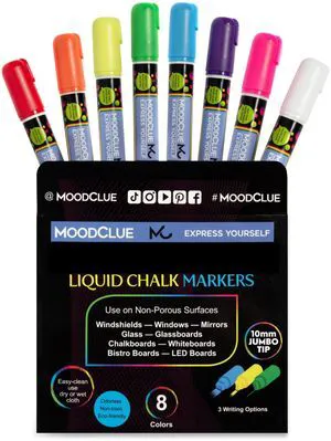 10mm JUMBO Tip Liquid Chalk Drawing Markers for Car Windows, Auto Windshields, Mirrors, White Boards, Retail + Restaurant Signs. Erasable Chalk Markers Washable Neon 8pck - 3 writing options 10mm JUMBO Tip Liquid Chalk Drawing Markers for Car Windows, Auto Windshields, Mirrors, White Boards, Retail + Restaurant Signs. Erasable Chalk Markers Washable Neon 8pck - 3 writing options