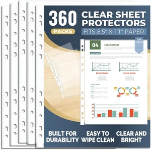 360 Pack Clear Sheet Protectors 8.5 x 11 Inch, Plastic Page Sleeves for 3 Ring Binder, Transparent Letter-Size Document Covers, Top Loading, for Paper Documents, Home, School and Office Use 360 Pack Clear Sheet Protectors 8.5 x 11 Inch, Plastic Page Sleeves for 3 Ring Binder, Transparent Letter-Size Document Covers, Top Loading, for Paper Documents, Home, School and Office Use