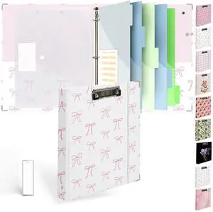 3 Ring Binder 1 inch with Clipboard - White & Pink Bow Design, Includes Dividers, File Bag & Spine Label - Classic and Elegant for School or Work, Holographic Waterproof Film 3 Ring Binder 1 inch with Clipboard - White & Pink Bow Design, Includes Dividers, File Bag & Spine Label - Classic and Elegant for School or Work, Holographic Waterproof Film