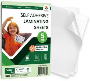 Self-Adhesive Laminating Sheets, Fits 8.5 x 11, No Machine, 50 Pk 8.7 x 12.2 in cold lamination film, 5 mil clear gloss. No laminator or heat. Bulk supply for school, office, menus, name tags Self-Adhesive Laminating Sheets, Fits 8.5 x 11, No Machine, 50 Pk 8.7 x 12.2 in cold lamination film, 5 mil clear gloss. No laminator or heat. Bulk supply for school, office, menus, name tags