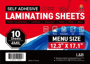 Self-Adhesive Laminating Sheets, No Heat, 12.3x17.1 in, 4 Mil, 10 Pack Menu size sheets with a clear glossy finish for menus, posters, certificates and ID cards at home, school or work Self-Adhesive Laminating Sheets, No Heat, 12.3x17.1 in, 4 Mil, 10 Pack Menu size sheets with a clear glossy finish for menus, posters, certificates and ID cards at home, school or work