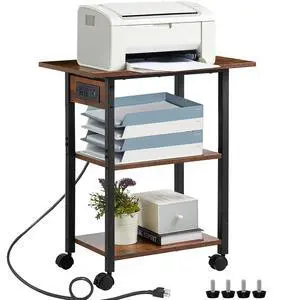 3-Tier Printer Stand with Charging Station, Rolling Printer Table Rustic Brown Industrial Mobile Printer Cart Desk Holder for Home Office, Lockable Wheels, Open Storage Shelf, Metal frame 3-Tier Printer Stand with Charging Station, Rolling Printer Table Rustic Brown Industrial Mobile Printer Cart Desk Holder for Home Office, Lockable Wheels, Open Storage Shelf, Metal frame