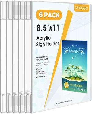 Acrylic Sign Holder 8.5 x 11 Wall Mount, 6 Pack, Vertical Strong Double-Sided Tape, Easy Insert and Replace Paper, Poster, Document and Flyer, Acrylic Frame for Office, Home, Store Acrylic Sign Holder 8.5 x 11 Wall Mount, 6 Pack, Vertical Strong Double-Sided Tape, Easy Insert and Replace Paper, Poster, Document and Flyer, Acrylic Frame for Office, Home, Store