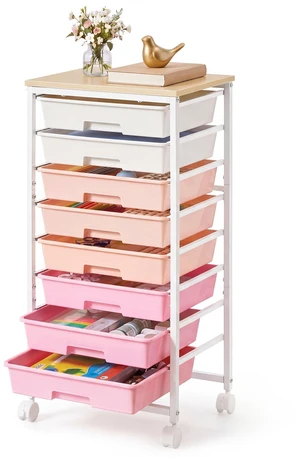 Rolling Cart with Drawers, Craft Organizers and Storage Pink and White, Wooden Tabletop, 8 Drawers, Office, Classroom, Craft Room, Dorm, 15.6 x 11.2 x 30.1 in, ULRC006S101 Rolling Cart with Drawers, Craft Organizers and Storage Pink and White, Wooden Tabletop, 8 Drawers, Office, Classroom, Craft Room, Dorm, 15.6 x 11.2 x 30.1 in, ULRC006S101