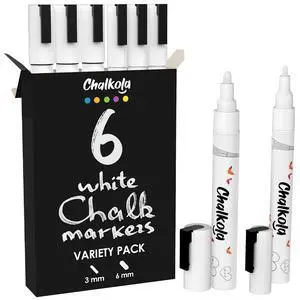 6 White Dry Erase Chalk Markers for Chalkboard Signs - 3mm + 6mm Liquid Chalk Pens for Blackboard, Car Window, Glass, Bistro - Variety pack - (3x) 3mm Fine Tip + (3x) 6mm Bold Ink Marker 6 White Dry Erase Chalk Markers for Chalkboard Signs - 3mm + 6mm Liquid Chalk Pens for Blackboard, Car Window, Glass, Bistro - Variety pack - (3x) 3mm Fine Tip + (3x) 6mm Bold Ink Marker