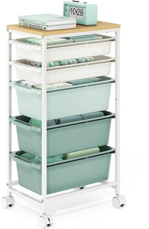 Slim Rolling Cart with 5 Drawers, Metal Utility Storage Cart | Wooden Tabletop, Lockable Wheels, Table Side Trolley for Bedroom, Children's Room and Office Organization, Green Slim Rolling Cart with 5 Drawers, Metal Utility Storage Cart | Wooden Tabletop, Lockable Wheels, Table Side Trolley for Bedroom, Children's Room and Office Organization, Green