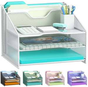 White Desk File Organizer, Mesh Letter File Folder Holder with 3 Paper Trays and 2 Vertical Upright Section, for Office Supplies, Desk Accessories & Workspace, White White Desk File Organizer, Mesh Letter File Folder Holder with 3 Paper Trays and 2 Vertical Upright Section, for Office Supplies, Desk Accessories & Workspace, White