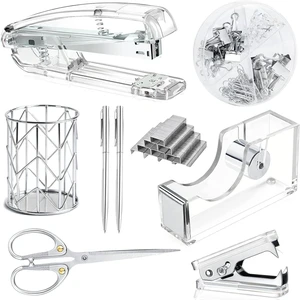 Office Desk AccessoriesOffice Supplies Set Acrylic Stapler Set Staple Remover, Tape Holder, Pen Holder, 2 Ballpoint Pen, Scissor, Binder Clips, Paper Clips and 1000pcs Staples(Silver) Office Desk AccessoriesOffice Supplies Set Acrylic Stapler Set Staple Remover, Tape Holder, Pen Holder, 2 Ballpoint Pen, Scissor, Binder Clips, Paper Clips and 1000pcs Staples(Silver)
