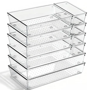 10 Pack Large Drawer Organizer Bins - Clear Plastic Bathroom Drawer Organizer Trays - Heavy Duty Kitchen Drawer Dividers for Utensils - Non-Slip Storage Bins for Makeup, Bedroom, Office Desk 10 Pack Large Drawer Organizer Bins - Clear Plastic Bathroom Drawer Organizer Trays - Heavy Duty Kitchen Drawer Dividers for Utensils - Non-Slip Storage Bins for Makeup, Bedroom, Office Desk