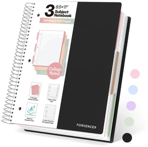 3 Subject Notebook College Ruled, Spiral Notebooks, 8.5" x 11" 3Hole Punched Perforated Page, 3 Colored Movable Dividers, 150 Sheets, Fights Ink Bleed, Water Resistant Cover, School Office 3 Subject Notebook College Ruled, Spiral Notebooks, 8.5" x 11" 3Hole Punched Perforated Page, 3 Colored Movable Dividers, 150 Sheets, Fights Ink Bleed, Water Resistant Cover, School Office