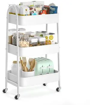 3 Tier Utility Rolling Cart, Metal Storage Cart with Handle and Lockable Wheels, Multifunctional Storage Organizer Trolley with Mesh Baskets for Kitchen, Living Room, Office, Garage (White) 3 Tier Utility Rolling Cart, Metal Storage Cart with Handle and Lockable Wheels, Multifunctional Storage Organizer Trolley with Mesh Baskets for Kitchen, Living Room, Office, Garage (White)