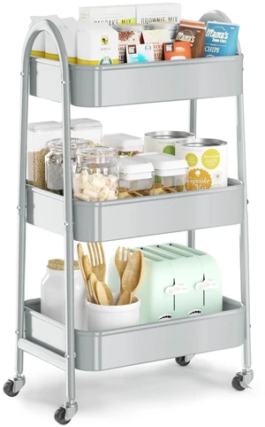 3 Tier Utility Rolling Cart, Metal Storage Cart with Handle and Lockable Wheels, Multifunctional Storage Organizer Trolley with Mesh Baskets for Kitchen, Living Room, Office, Garage (Grey) 3 Tier Utility Rolling Cart, Metal Storage Cart with Handle and Lockable Wheels, Multifunctional Storage Organizer Trolley with Mesh Baskets for Kitchen, Living Room, Office, Garage (Grey)