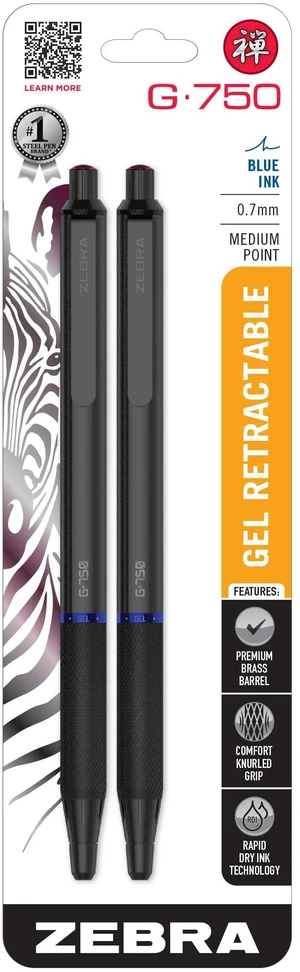 G-750 Black Brass Retractable Gel Pen, Blue Ink, 0.7mm, 2-Pack Japanese Craft Detail, Brass Barrel, Rapid-Dry Ink, Comfort Knurled Grip, Refillable, Medium Point Tip, STEEL Series (49822) G-750 Black Brass Retractable Gel Pen, Blue Ink, 0.7mm, 2-Pack Japanese Craft Detail, Brass Barrel, Rapid-Dry Ink, Comfort Knurled Grip, Refillable, Medium Point Tip, STEEL Series (49822)